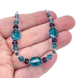 Vintage Sterling Silver 925 Blue Crystal Beaded Necklace 17"-18.5"